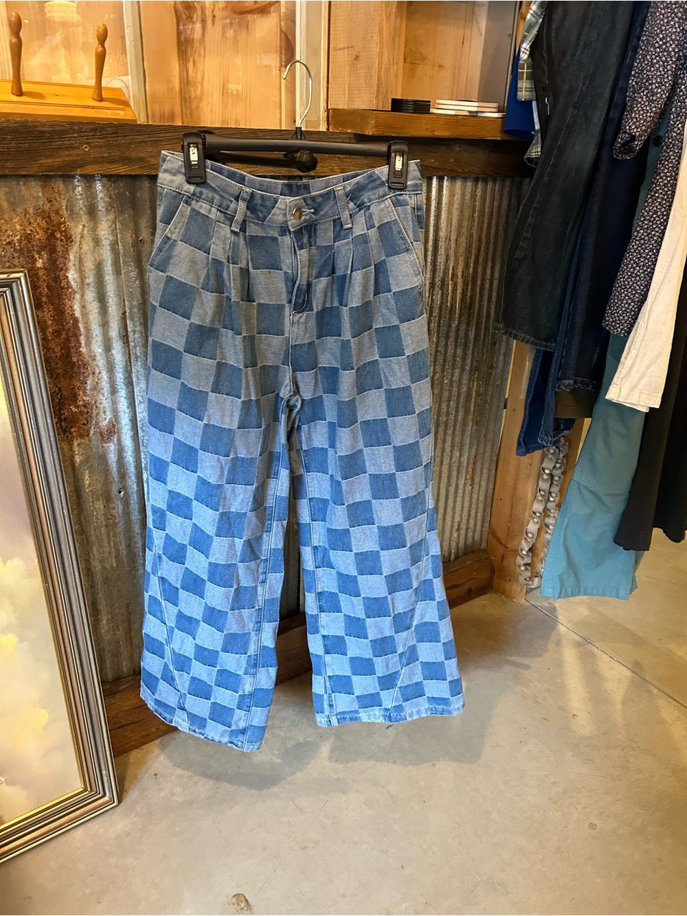 Source Unknown Blue Checkerboard Wide-Leg Flare Jeans